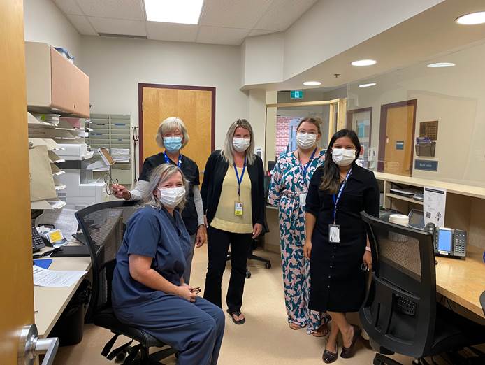 RVH staff members Debbie Fex, Nelly Bertrand, Jessie Riopelle, and Stacey Schroeder with Dr. Manika Gupta at the first Hematology-Oncology clinic held at Renfrew Victoria Hospital on August 17.